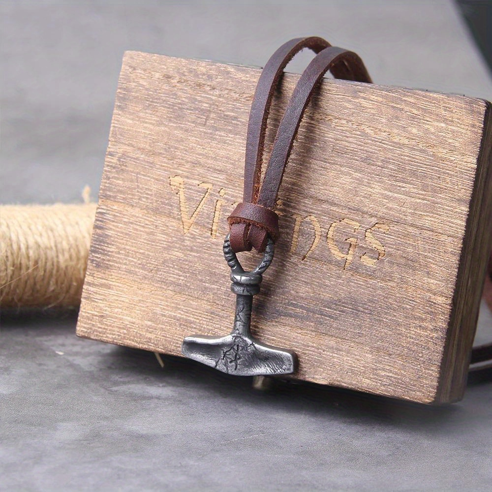 

norse Mythology" Men's 's Hammer Mjolnir Pendant Necklace - Viking Scandinavian Nordic Style, Faux Leather, Black
