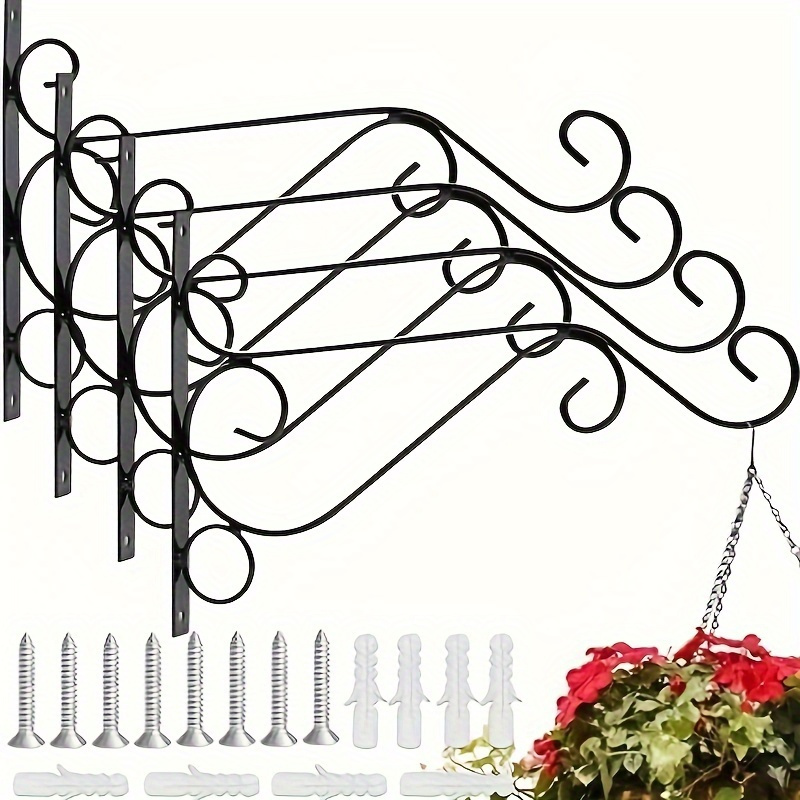 TEMU 4-pack Heavy Duty Metal Wall Hanging Brackets Hooks For Garden Basket Lantern Lawn Light Flower Pots, Wall Mount Plant Hooks With Screws For Outdoor Indoor Decor, No Electricity Needed - Black