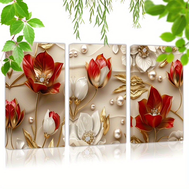 

Framed Set Of 3 Canvas Wall Art Ready To Hang 3d Floral Tulips, White And Red Flowers (1) Wall Art Prints Poster Wall Picrtures Decor For Home