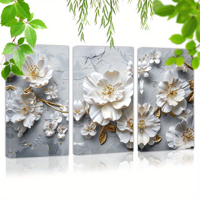 

Framed Set Of 3 Canvas Wall Art Ready To Hang 3d White Flowers, Gold Accents (10) Wall Art Prints Poster Wall Picrtures Decor For Home