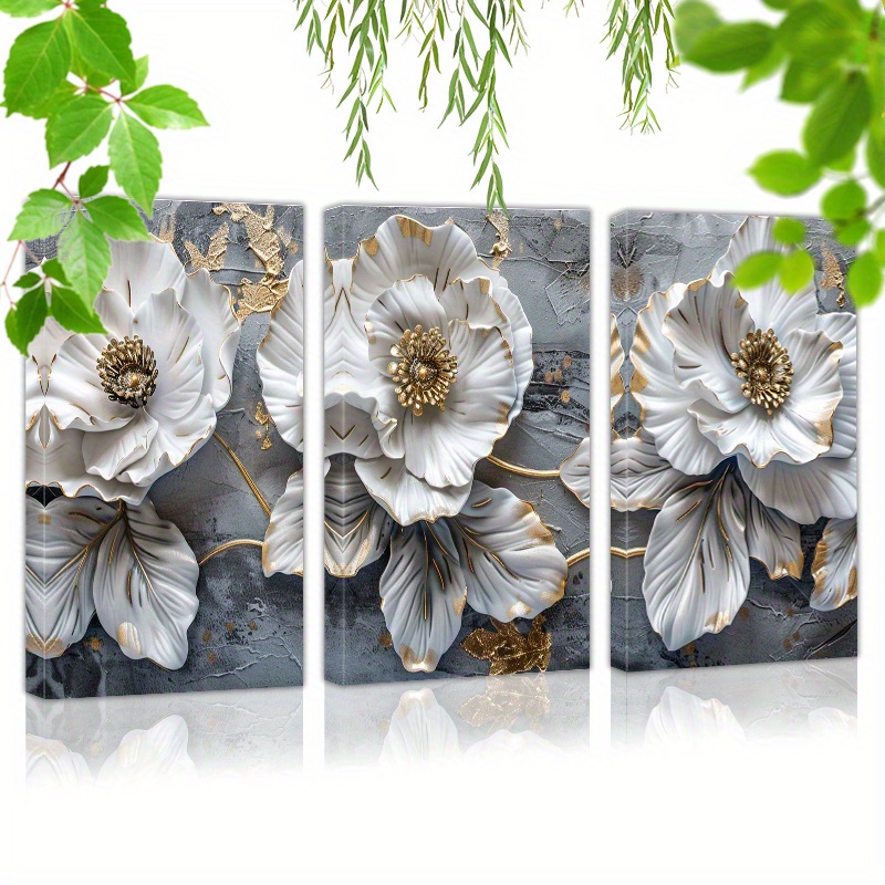 

Framed Set Of 3 Canvas Wall Art Ready To Hang 3d White Flowers, Golden Accents (6) Wall Art Prints Poster Wall Picrtures Decor For Home