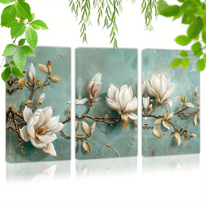 

Framed Set Of 3 Canvas Wall Art Ready To Hang Magnolia Flowers, Green Leaves (3) Wall Art Prints Poster Wall Picrtures Decor For Home