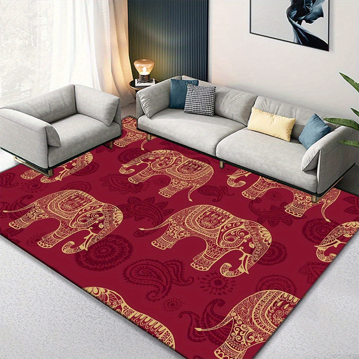 

Elephant Print Area Rug - Polyester Soft Non-slip Floor Mat For Living Room, Bedroom, Indoor Decor | Hand Washable | Large Size (≥1.8m Side, Area ≥ 2.16m²) | 1pc