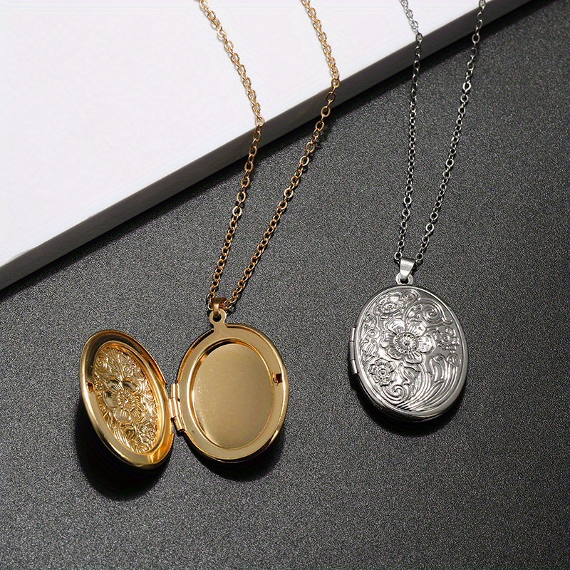 

Elegant Vintage Oval Locket Pendants, Engraved Floral Pattern, Diy Accessory, Can Open, Women's Box-style Necklace Jewelry