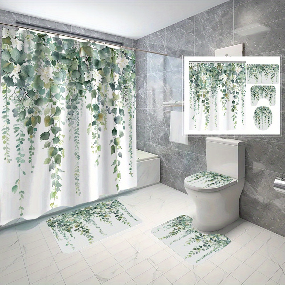 

4pcs Green Leaves Floral Pattern Shower Curtain Set, Shower Curtain With 12 Hooks, Non-slip Bath Mat, U-shaped Toilet Mat, Toilet Cover Mat, Bathroom Decor Accessories