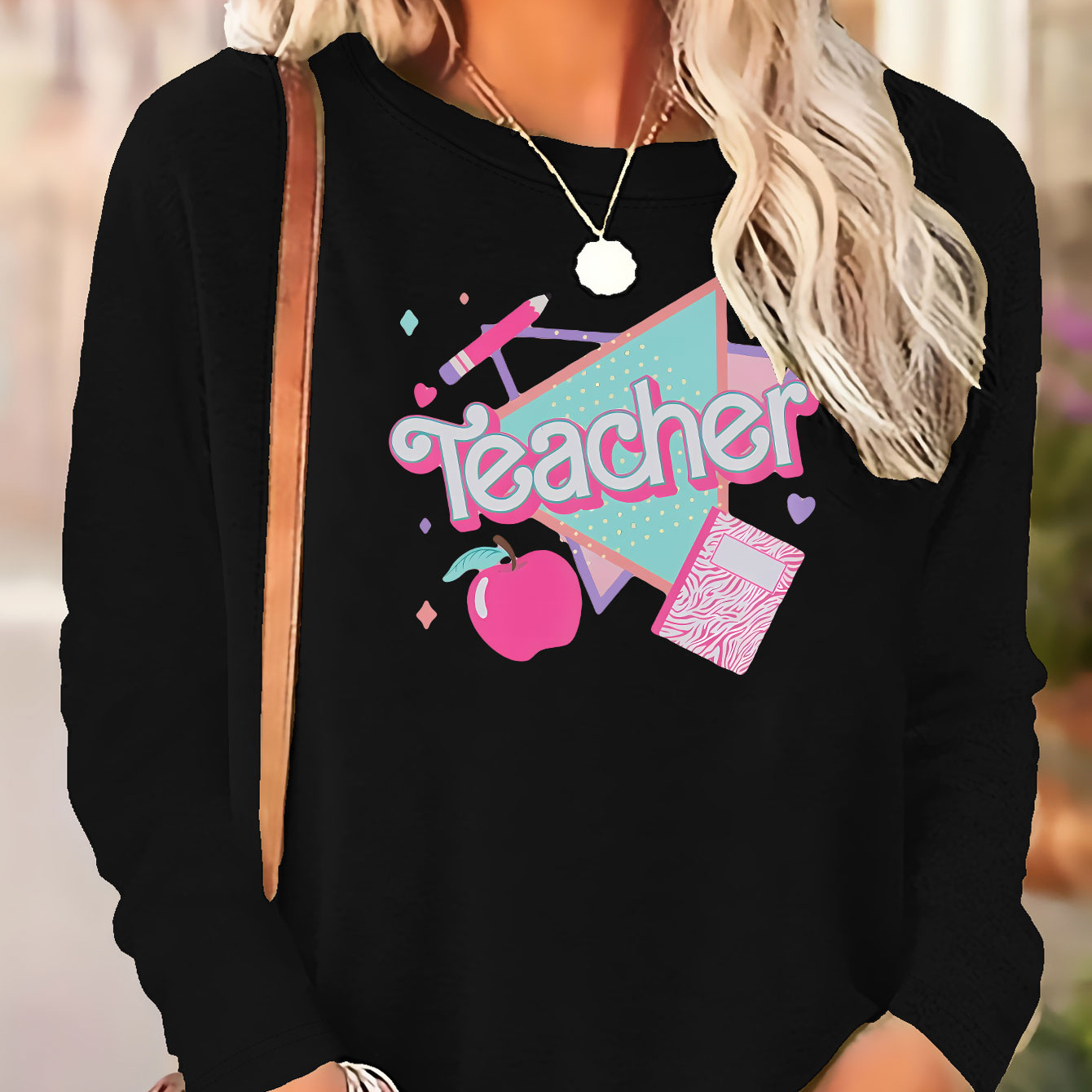 

Plus Size Teacher's Day Print T-shirt, Casual Long Sleeve Crew Neck Top For Spring & Fall, Women's Plus Size Clothing