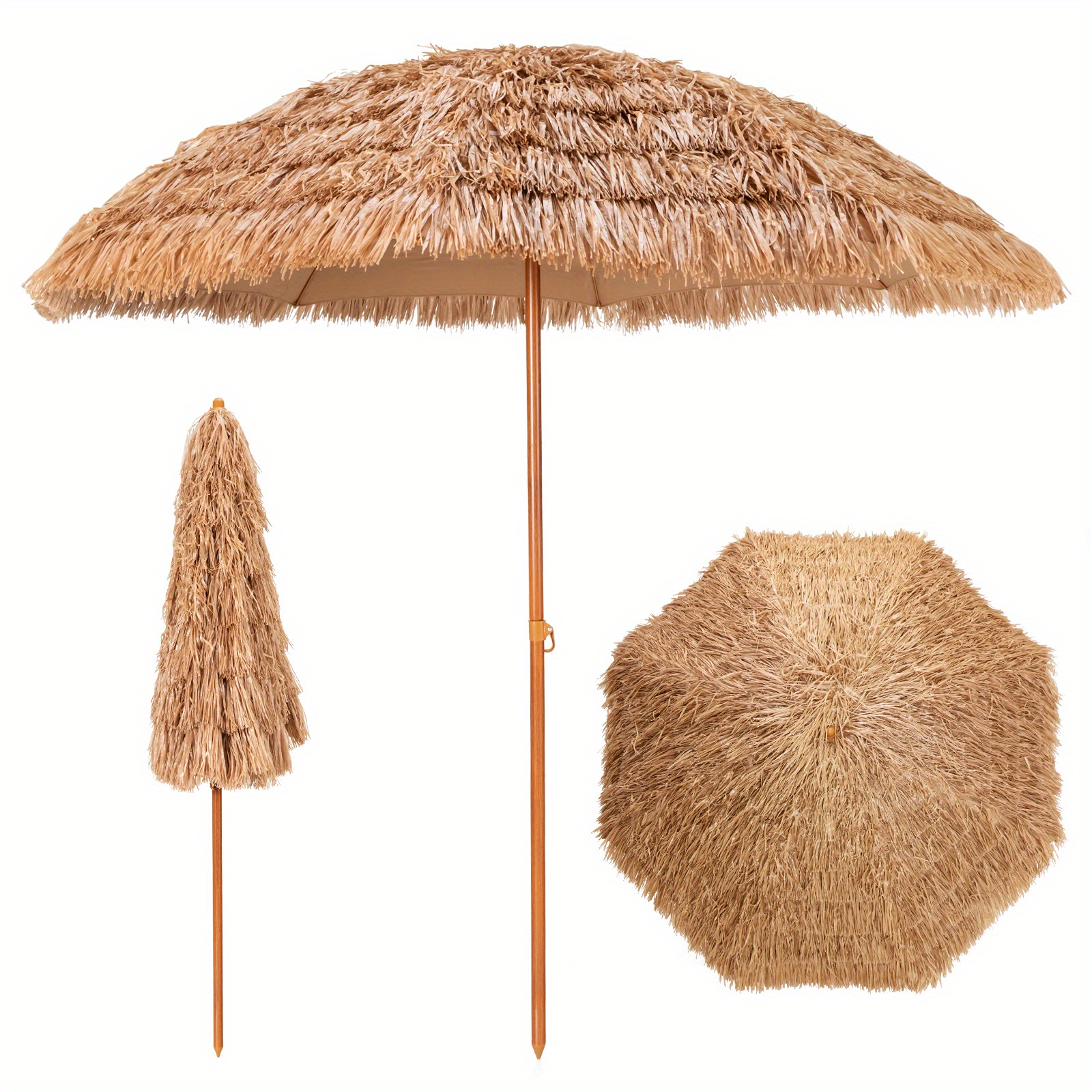 TEMU Tangkula 8ft Hawaiian Thatched Patio Umbrella - Portable 8-rib Outdoor Canopy With Thatch, High Shade For Poolside, Garden & Beach, Sturdy Frame & Wood-look Pole, Beach Umbrella