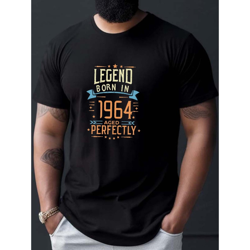 

Creative Graphic Letter Print, Men's Round Neck Short Sleeve T-shirt, Casual Comfy Lightweight Top For Summer, Born In 1964 Birthday Anniversary T-shirt