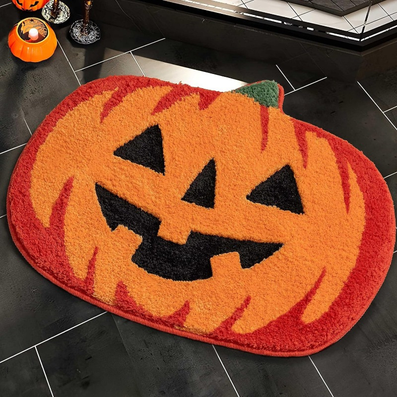 

Halloween Pumpkin Bath Mat - Non-slip, Washable & Absorbent Rug For Shower, Tub, And Home Decor - Cute Orange Fall Accent