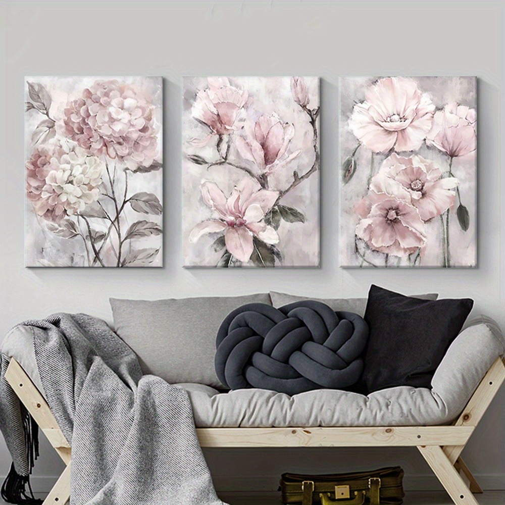 

Framed 3 Piece Pink Flower Canvas Painting Ink Floral Wall Art Modern Abstract Watercolor Flowers Wall Art Aesthetic Pictures For Bedroom Living Room Office Home Decor