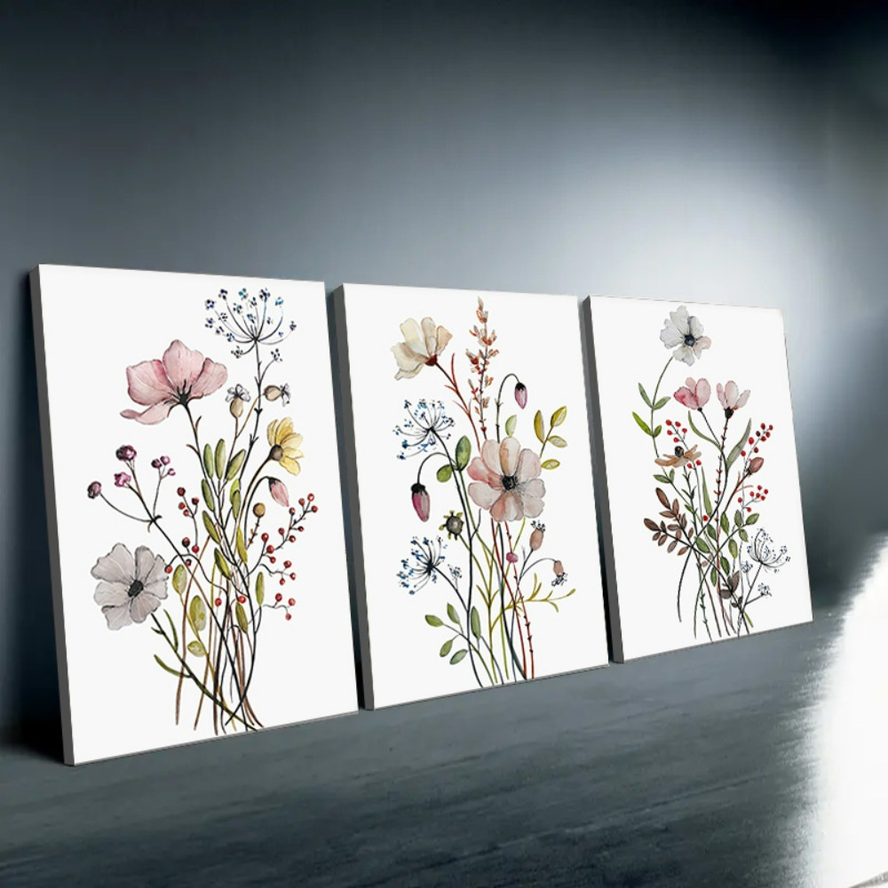 

Framed 3 Piece Watercolor Flower Canvas Painting Wildflower Art Print Nordic Modern Botanical Canvas Painting Vintage Wall Picture For Living Room Bedroom Office Wall Decor