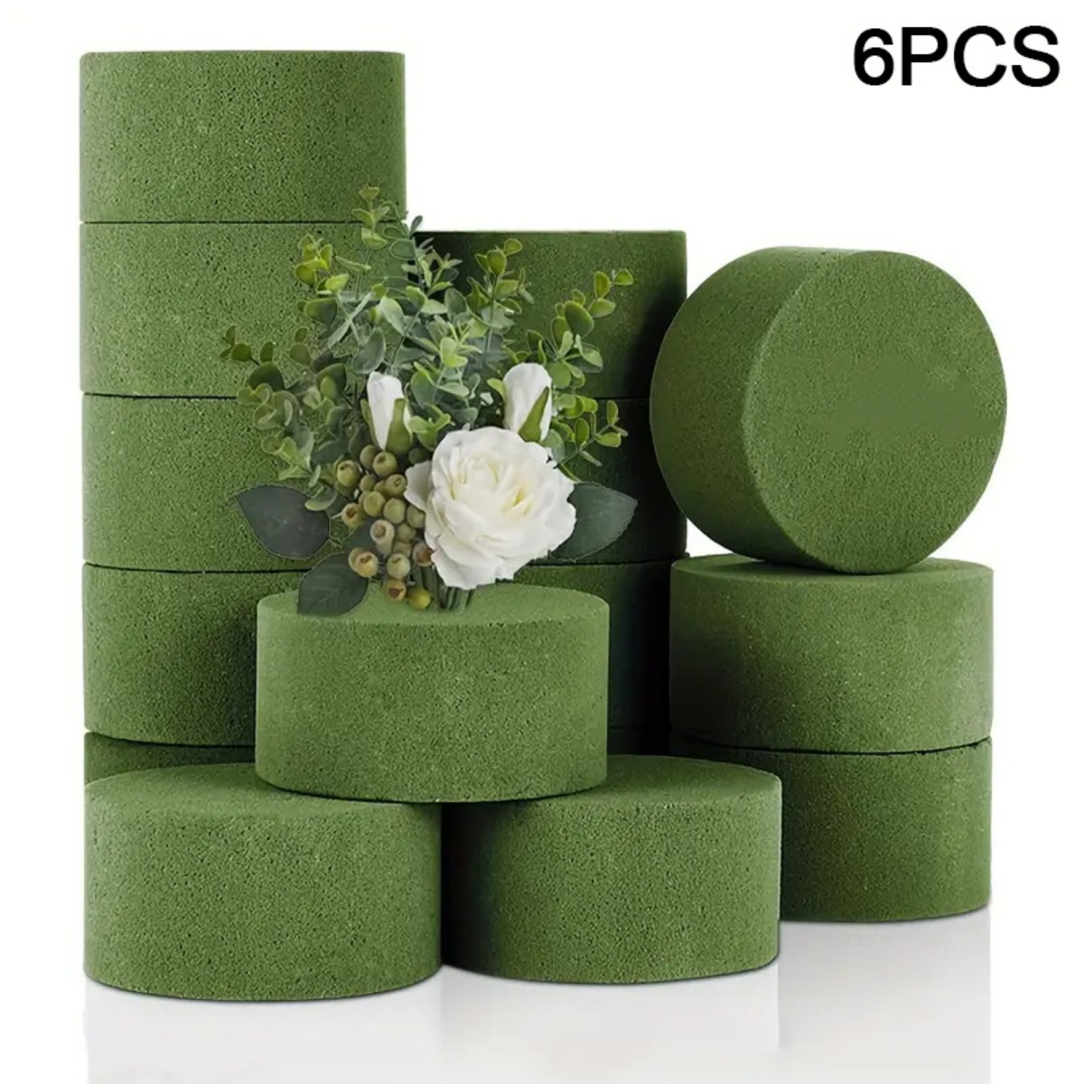 

6pcs Green Round Floral Foam Blocks For Artificial Flowers Arrangement, Wet And Dry Craft Foam Bricks For Flower Shop Use