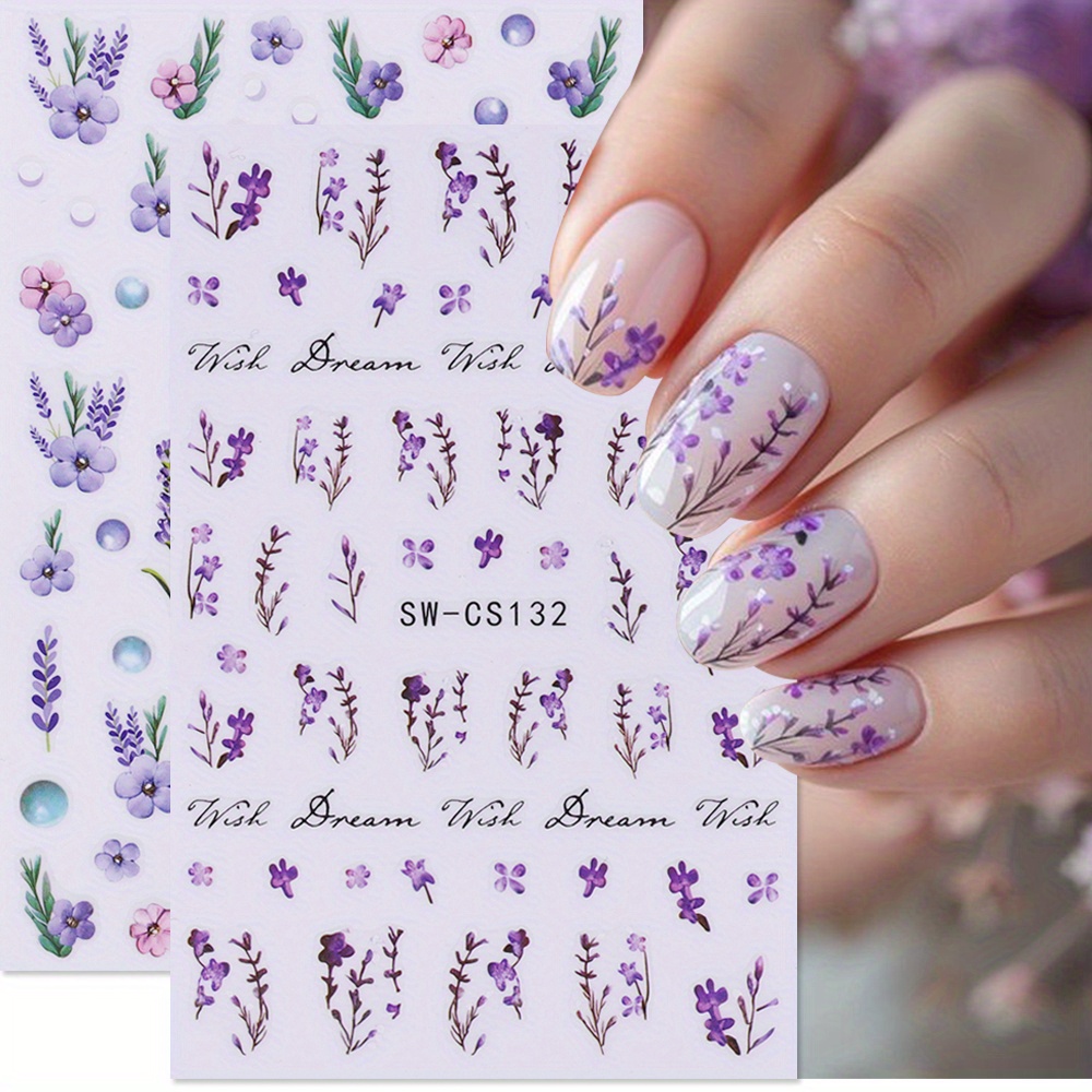 

2 Sheets Elegant Nail Stickers Purple Pink Flowers Vine Lavender Butterfly Sliders Summer Design Diy 3d Adhesive Decals Nail Art Decoration Manicure Supplies