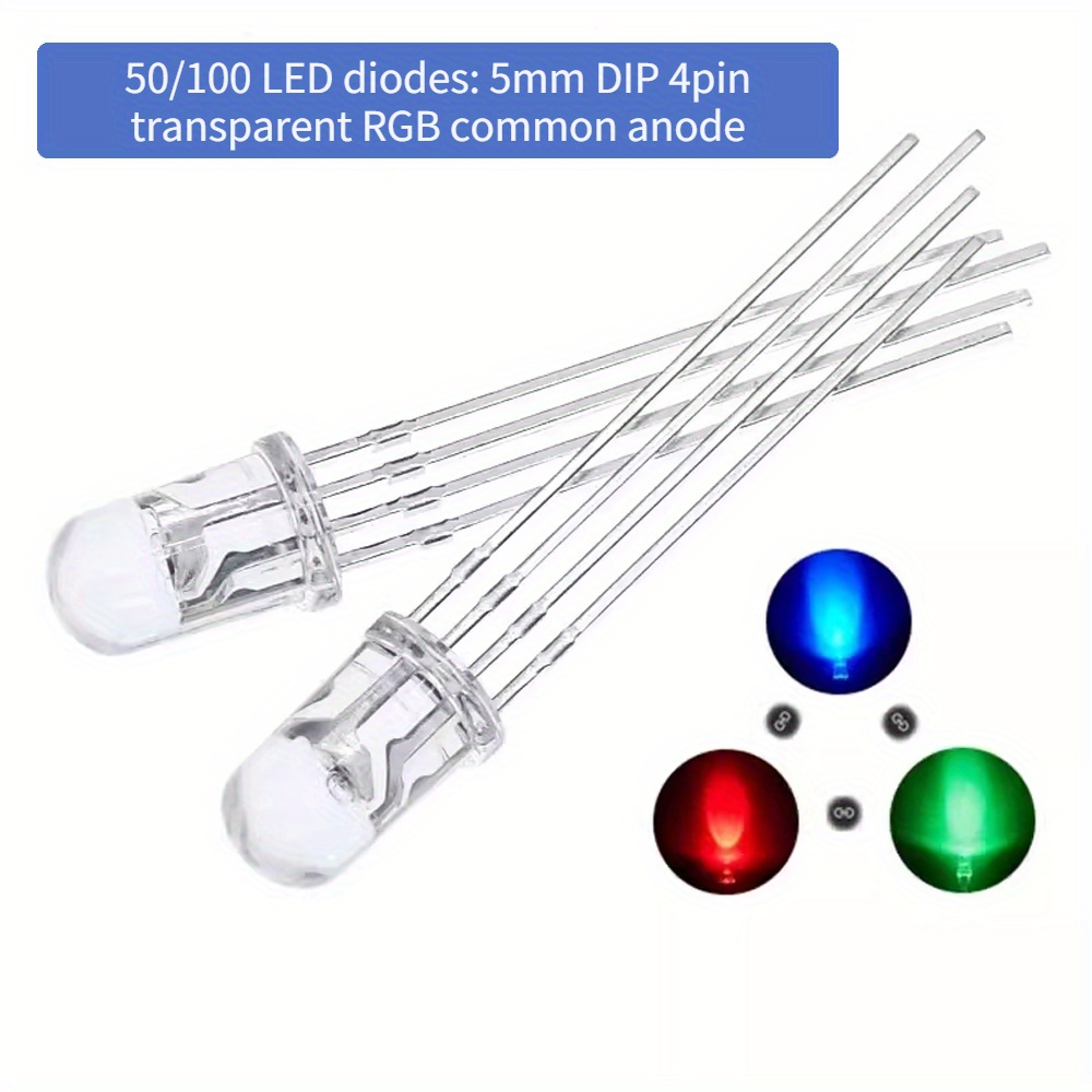 

50/100 Pack 5mm Rgb Led Diodes, Common 4-pin, Transparent For Circuit Design & Diy Projects, Low Voltage ≤36v Hard Wired Room Electrical, Compatible With Car Series & Other Applications