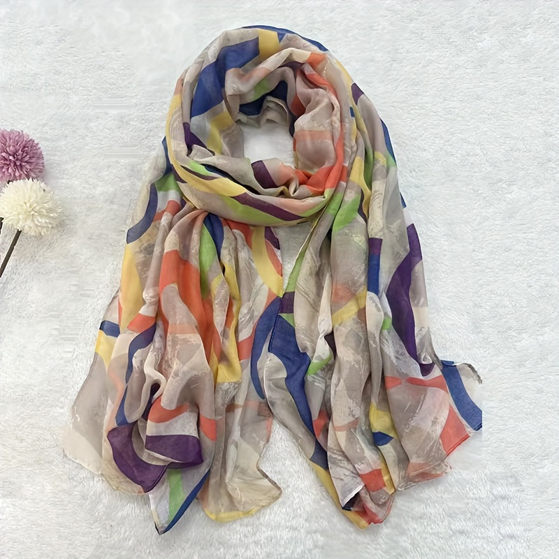 

Women's Vintage Geometric Print Scarf, Multicolor Lightweight Breathable Shawl, Casual Outdoor Sun Protection Decorative Headscarf
