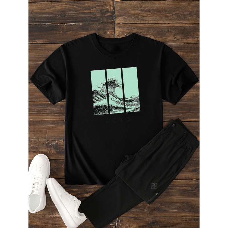 

Sea Waves Print Simple Slim Fit Pure Cotton Short Sleeved, 100% Cotton T-shirt For Summer, Men's Round Neck Short Sleeved T-shirt, Casual Comfortable Lightweight Top