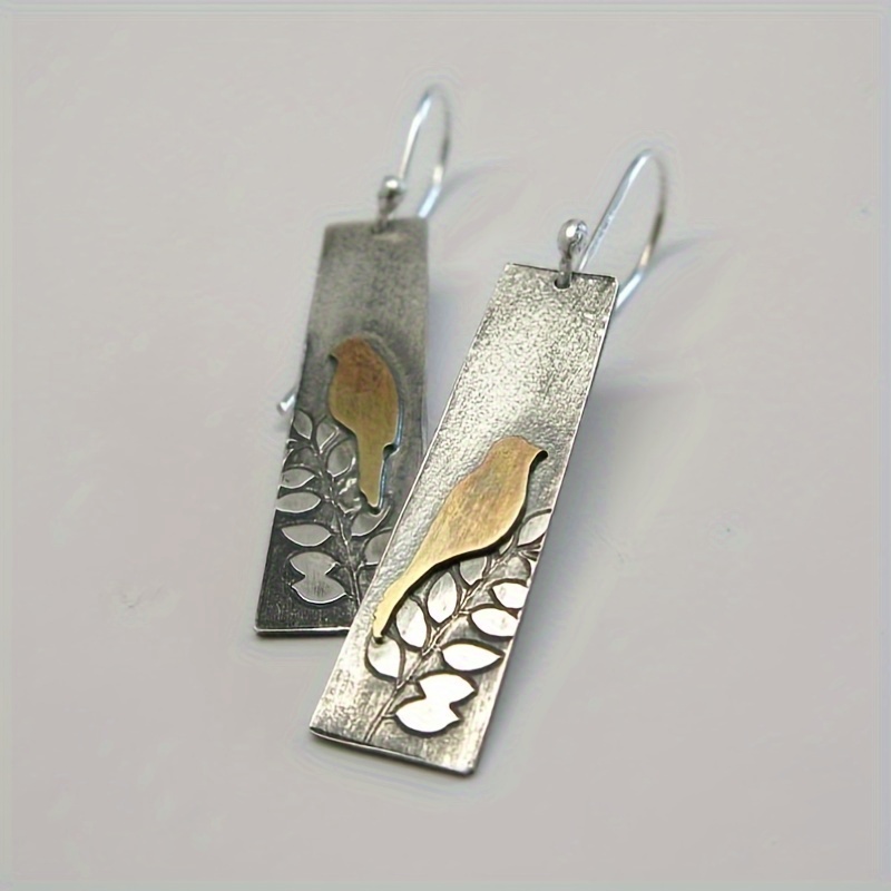 

Rectangle Shape With Cute Bird Twig Print Silvery Dangle Earrings Retro Bohemian Style Zinc Alloy Jewelry Tourism Souvenir