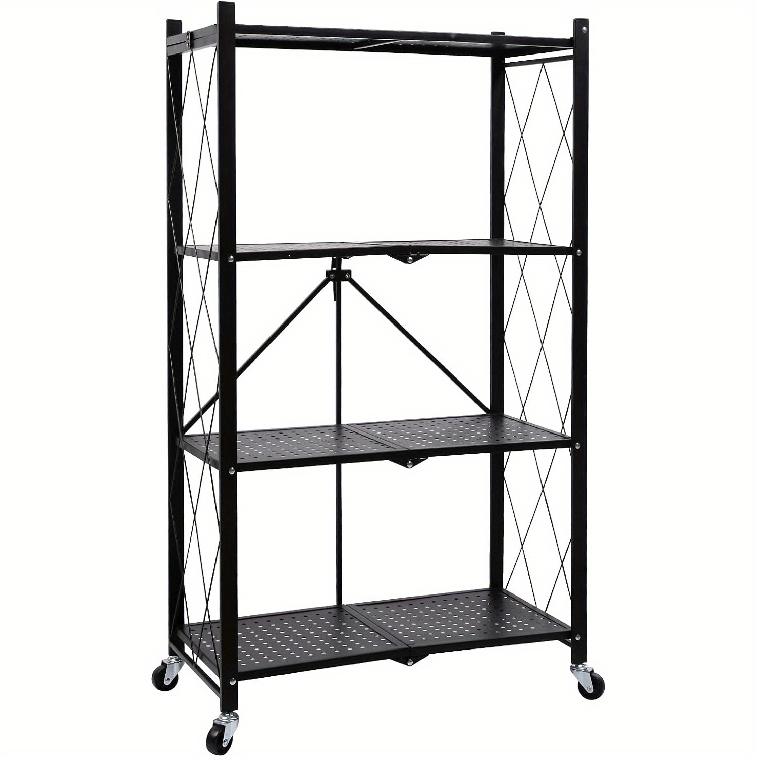 

4-tier Storage Shelving W/hooks And Wheels, 27.95"x14.96"x49.61", Standing Foldable Storage Rack, Metal, Kitchen, Garage, No (black)