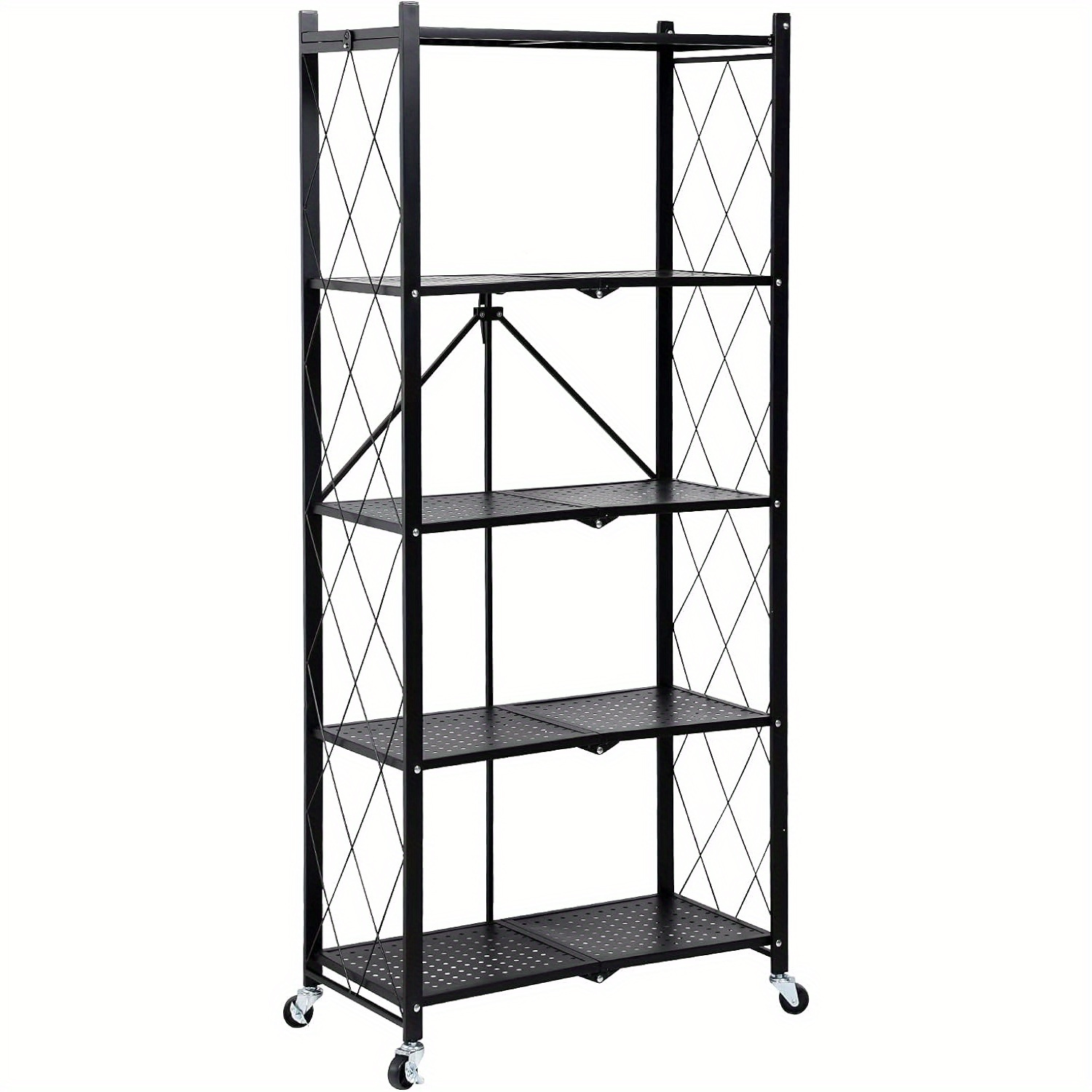 

5-tier Storage Shelving Unit W/hooks And Wheels, 27.95"x14.96"x63.78", Standing Foldable Storage Rack, Metal, Kitchen, Garage, No Assemble Require (white)