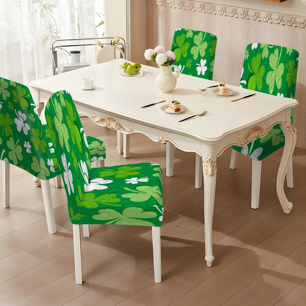 

2/4/6pcs Vibrant Green Clover Pattern Chair Covers, Stretchable Removable Washable Furniture Protector Slipcovers For Dining Room, Kitchen, Living Decor, Contemporary Style