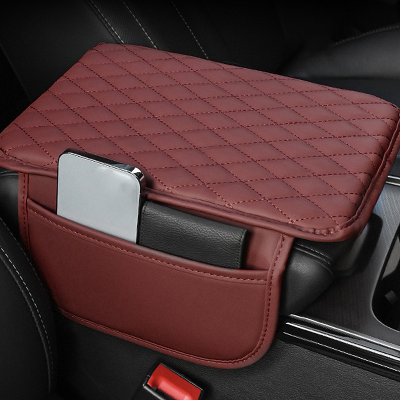 

Pu Leather Car Armrest Cover With Side Pockets - Sleek Center Console Protector For Phones & Cards, Interior Accessory Console Armrest Cover Armrest Cover For Car