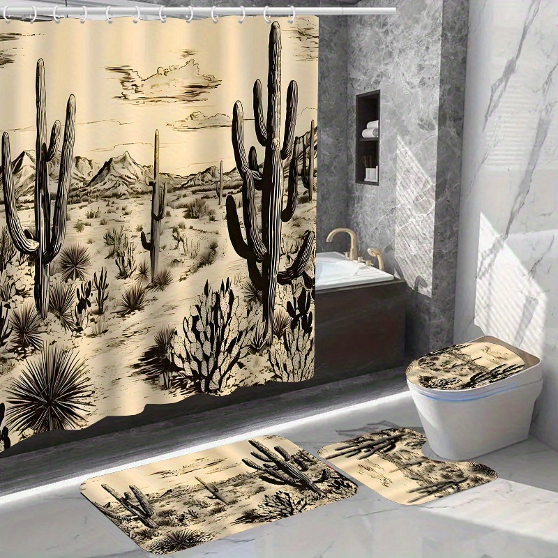 

Desert Cactus Shower Curtain Set With 12 Hooks: Includes Toilet Seat Cover, Bathroom Mat, And Non-slip Rug - Polyester Fabric, Washable, And Suitable For Windows And Bathrooms