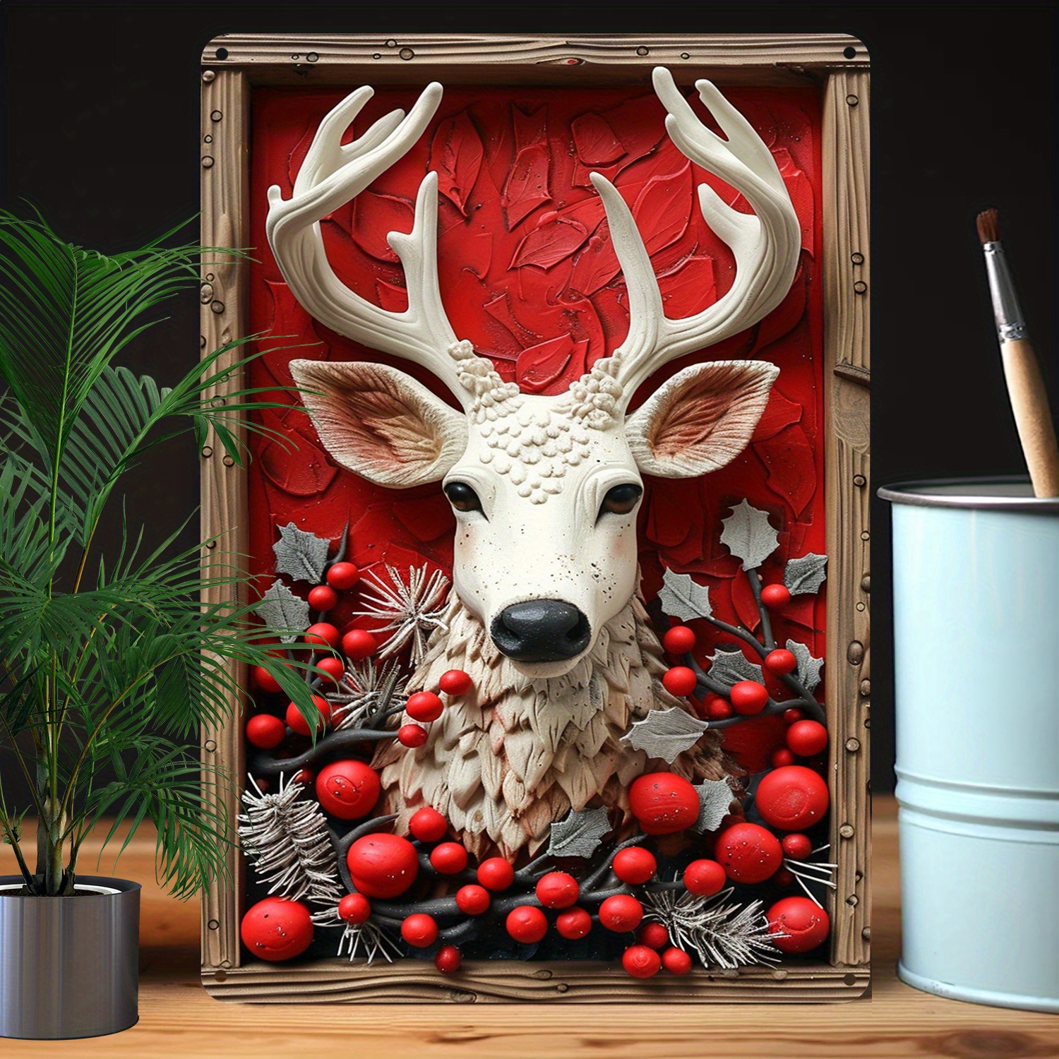 

1pc Christmas Reindeer 3d Effect Metal Wall Art - Aluminum 8x12 Inch Indoor/outdoor Decor With Antlers And Berries - High Durability, Moisture-resistant Aluminum Sign For Home, Office, Kitchen A320