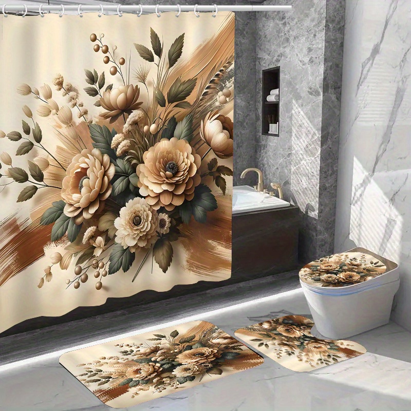 

Water-resistant Floral Shower Curtain Set With 12 Hooks, Non-slip Bathroom Rugs, Toilet Seat Cover, Decorative Woven Polyester Fabric, Fashion Flower Pattern Bathroom Accessories Set