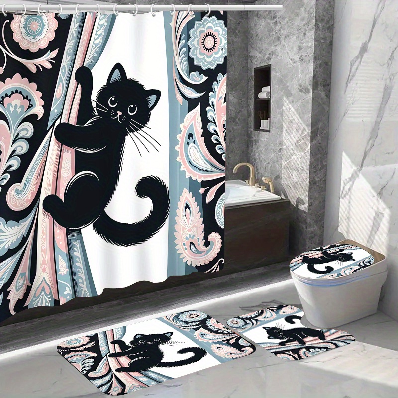 

1pc/4pcs Home Decor Waterproof Shower Curtain Sets With 12 Hooks Toilet Seat Cover Bathroom Mat Non-slip Rug Carpet Polyester Fabric Washable Curtain For Windows Bathroom Accessories