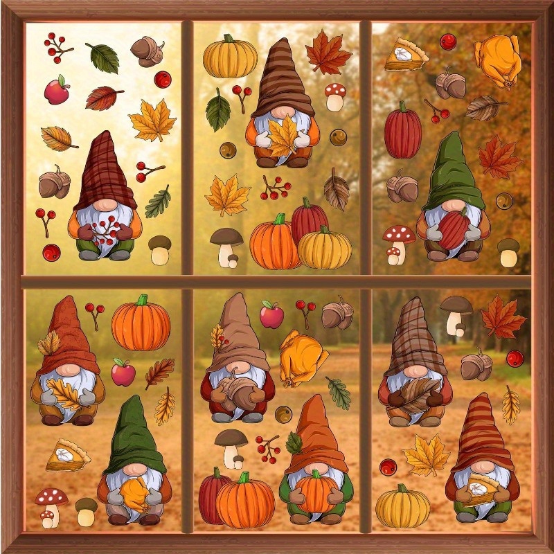 Thanksgiving Gnomes Window Clings, 9 Sheets Fall Autumn Decorations, Double-sided Reusable Static Decals, Plastic No-feather Home Office Decor Without Electricity