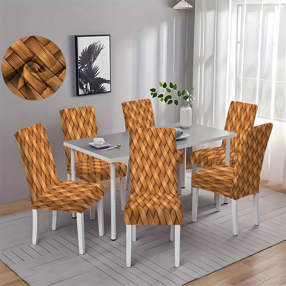 

2/4/6pcs Bamboo Weave Print Dining Chair Covers, Removable Seat Slipcovers For Home Kitchen Restaurant, Contemporary Style Home Decor, Protective Stretch Chair Covers