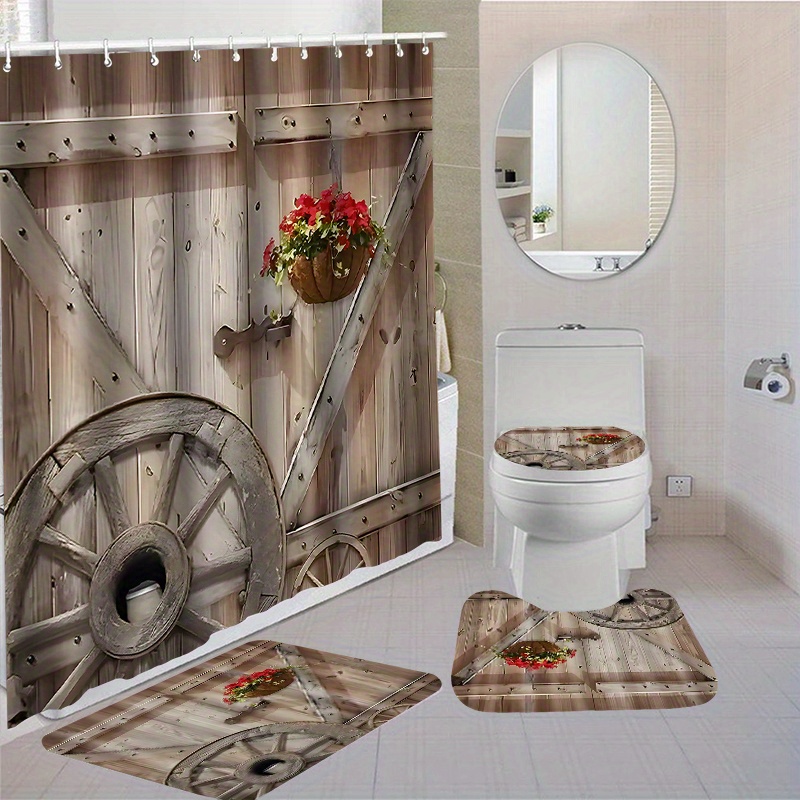 

1pc/4pcs Waterproof Bathroom Shower Curtain Set With 12 Hooks Toilet Seat Bath Mats And Rugs Non-slip Carpet Toilet Covers Polyester Fabric Washable Curtain For Windows Bathroom Accessories