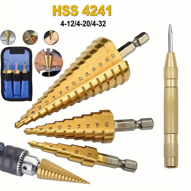

4-piece Hexagonal Handle Spiral Grooved Tower Step Drills With Automatic Center Punch: High Speed Steel Cone Drills For Steel Pipes, Wood, Pvc Copper Pipes, Aluminum Alloy, And Cast Iron