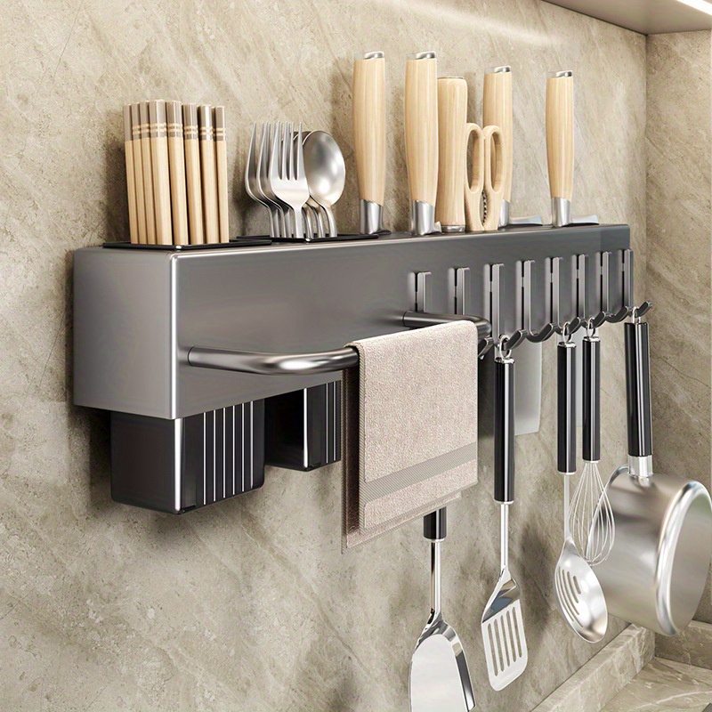 

Space-saving Wall-mounted Kitchen Organizer - Multi-functional Knife & Utensil Holder With Chopstick Cage, No Drilling Required, Durable Pp Material