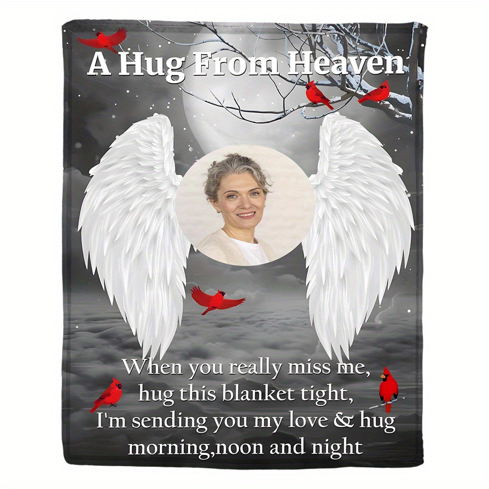 

1pc Personalised Flannel Blanket With Picture, Hd Print Custom Photo Blanket.a Hug From Heaven, Personalized Memorial Photo Blanket