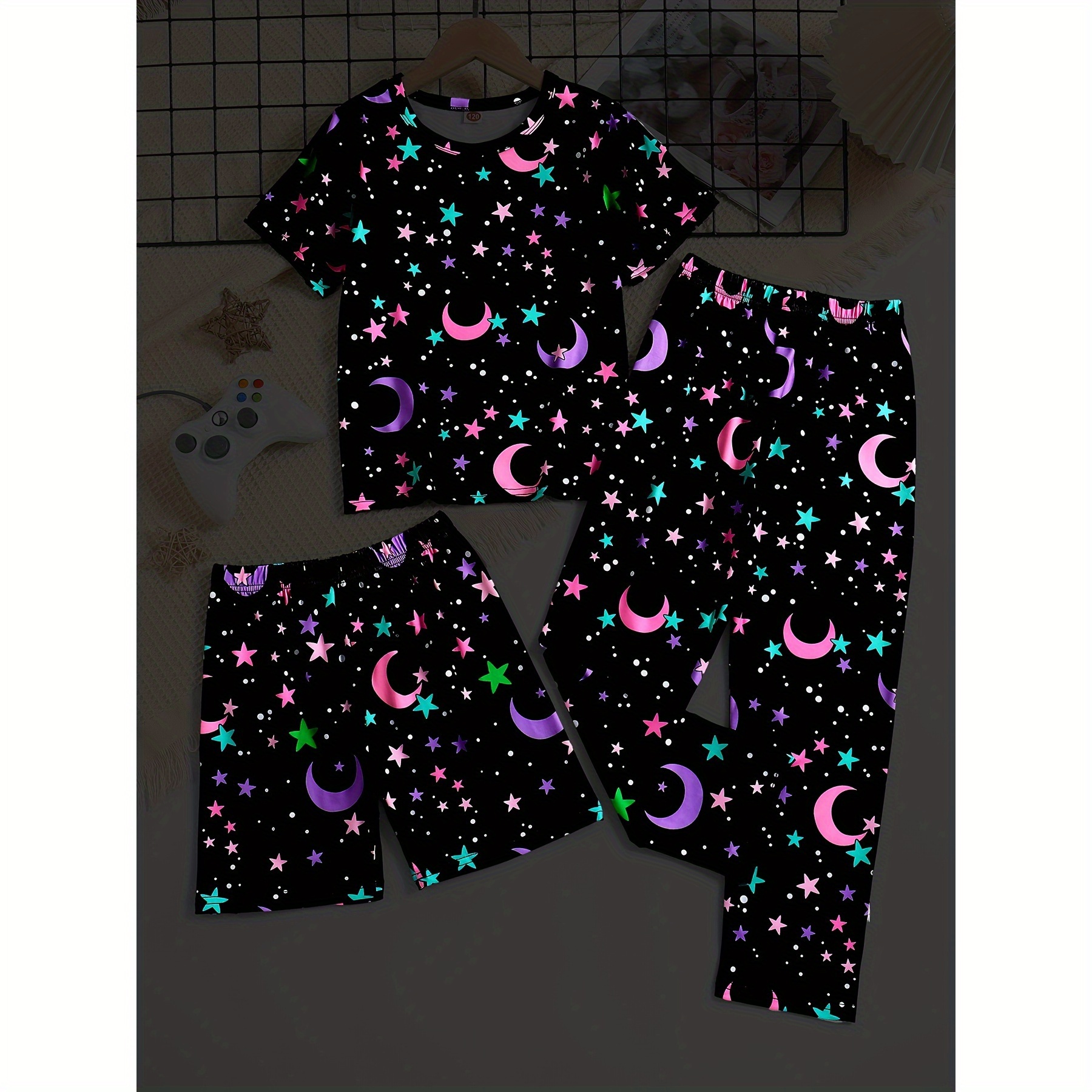 

3 Pcs Girls Cute Luminous Star Moon Pattern Short Sleeve T-shirts & Shorts & Pants Pajama Set, Comfortable & Skin-friendly Style Princess Pajamas For Girls Cozy Loungewear
