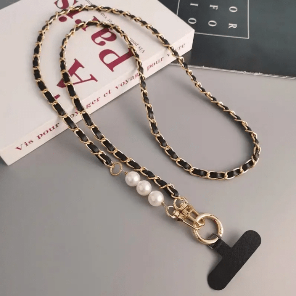 

New Nordic Style Long Back Rope With Metal Chain, Female Version Of The Diagonal Pearl Pick Chain Mobile Phone Hanging Rope, Little Fragrance Style