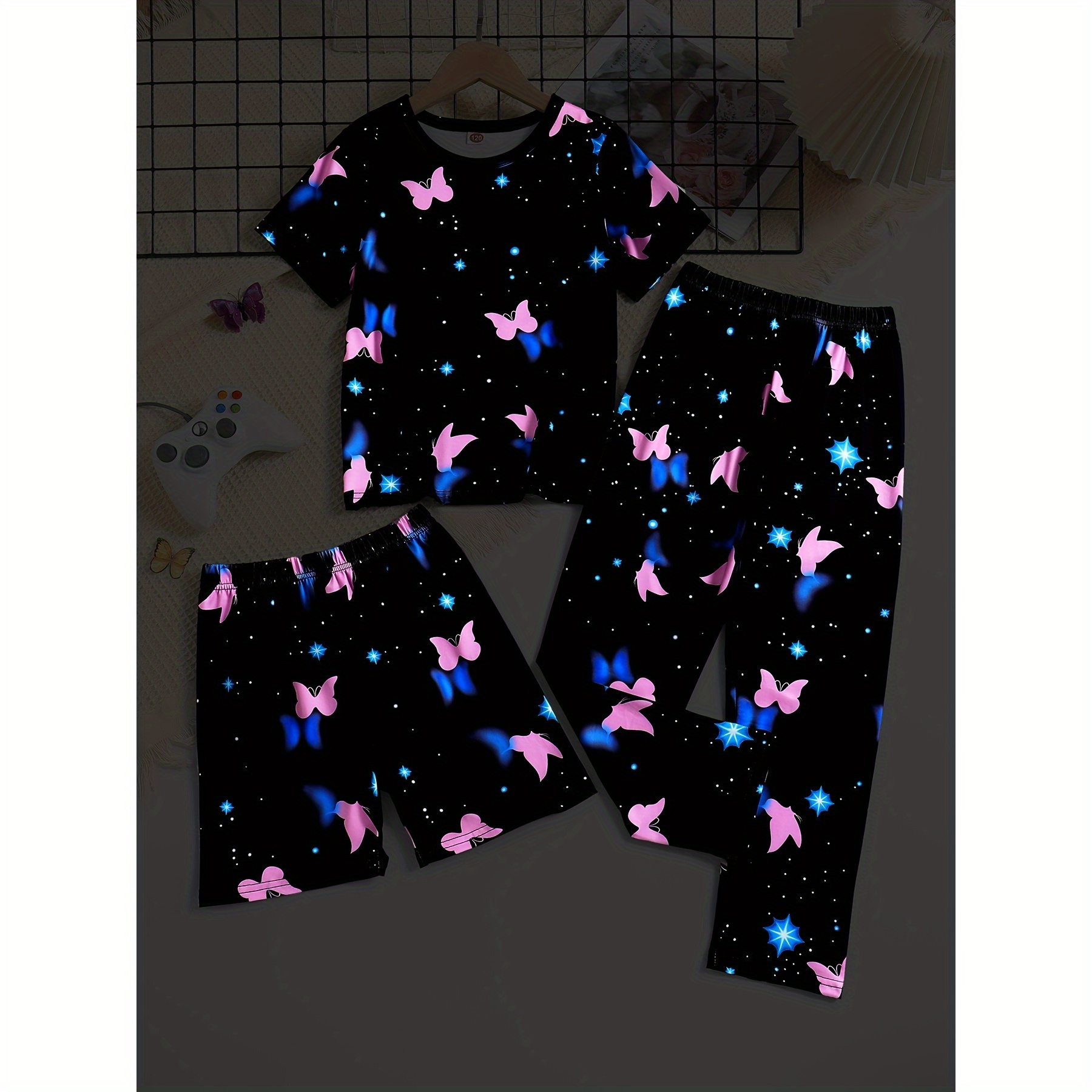 

3 Pcs Girls Cute Luminous Butterfly Pattern Short Sleeve T-shirts & Shorts & Pants Pajama Set, Comfortable & Skin-friendly Style Princess Pajamas For Girls Cozy Loungewear