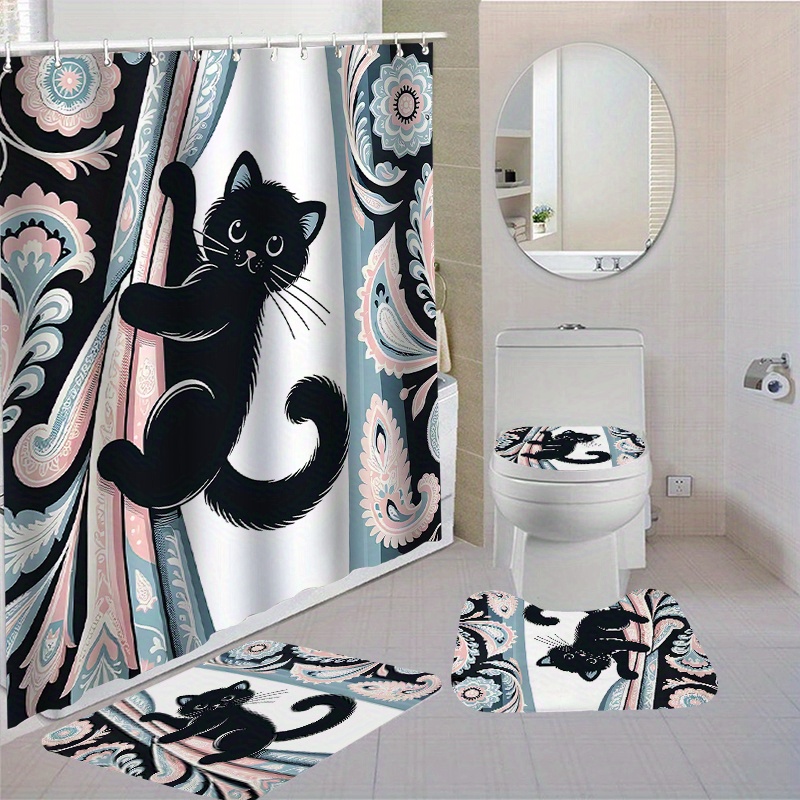 

1pc/4pcs Waterproof Bathroom Shower Curtain Set With 12 Hooks Toilet Seat Bath Mats And Rugs Non-slip Carpet Toilet Covers Polyester Fabric Washable Curtain For Windows Bathroom Accessories