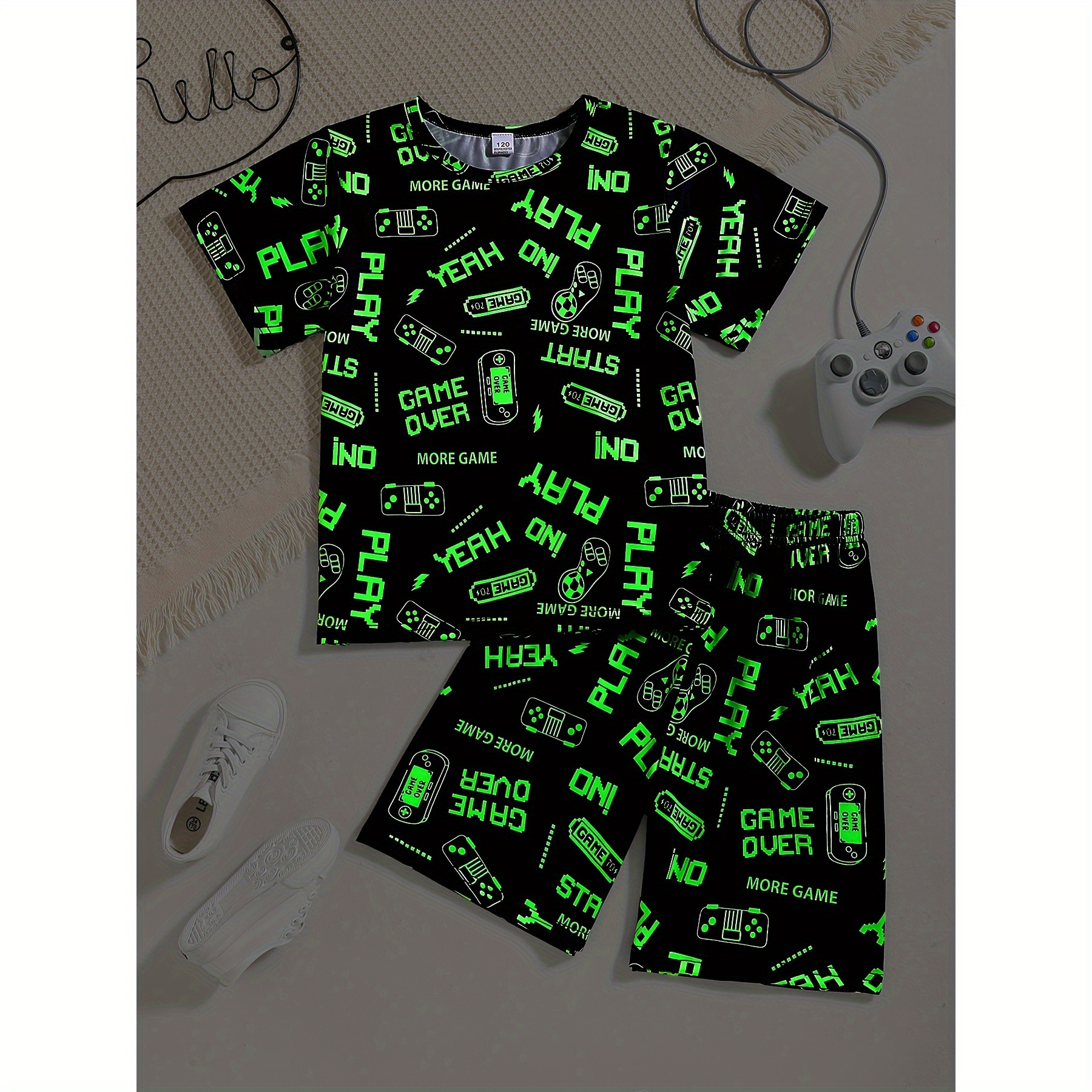 

2 Pcs Boys Game Player Letter Pattern Short Sleeve T-shirts & Shorts Pajama Set, Comfortable & Skin-friendly Style Pajamas For Boys Cozy Loungewear