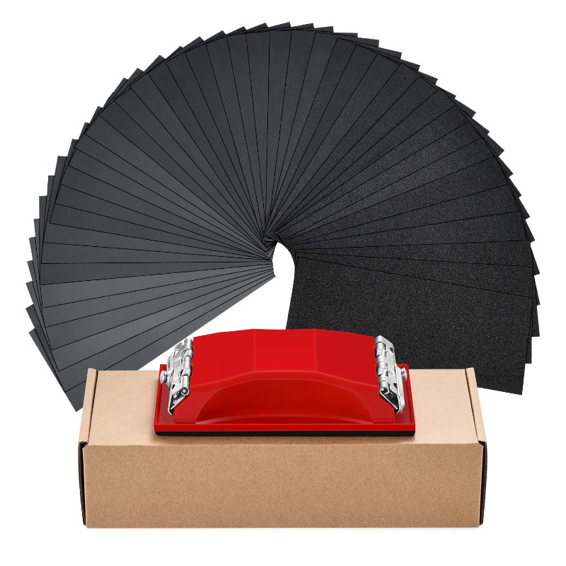 43pcs Sanding Block Sander With Sandpaper 9х3.6 Inch Assorted Sand Paper Wet Dry Waterproof Abrasive Sanding Sheets Assortment For Automotive Car Wood Metal Glass Polishing Finishing