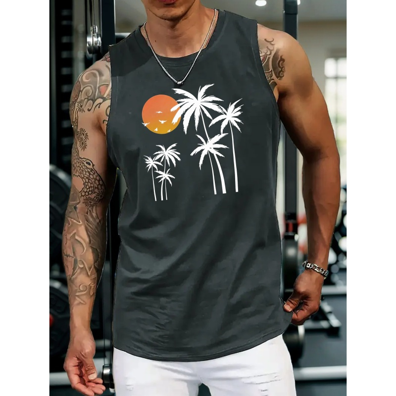 

Coconut Trees At Dusk Print Men's New Trendy tank Top, Casual Sleeveless Athletic Tank Top, Breathable Comfy Tops