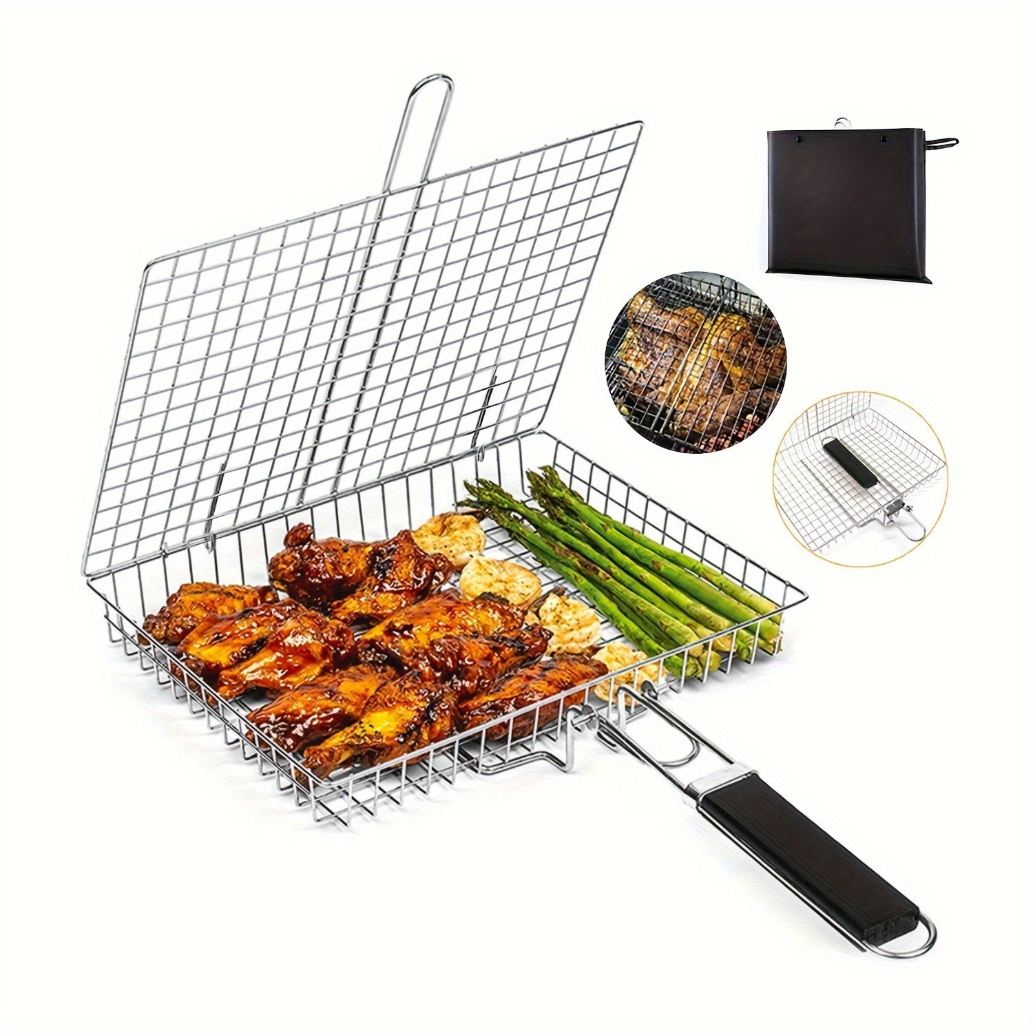 

1pc Heavy Duty Bbq Grill Basket - Stainless Steel Barbecue Turner For Grilling Meat, Steak, Shrimp, Vegetables - Rustproof Grill Accessory For Baking, Picnic, Camping