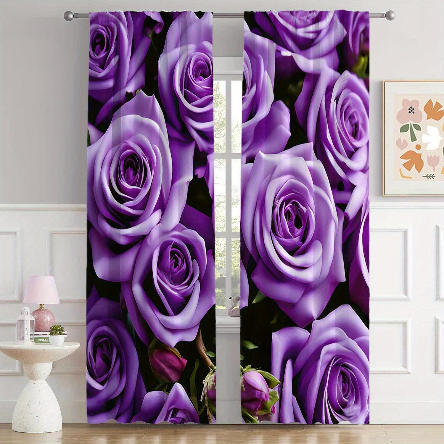 

2pcs, Living Room Curtains, Beautiful Purple Flower Print Curtains, Easy Maintenance, All-season Elegance, Durable And Easy-to-hang, For Living Room, Bedroom Decor, Room Decor, Home Decor