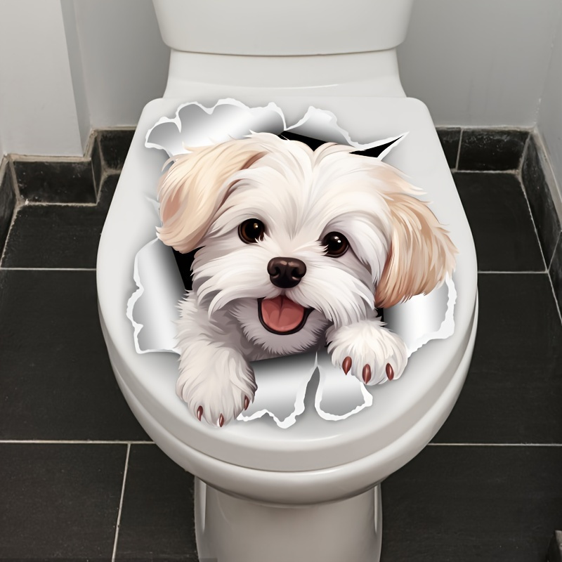 

Festive White Dog Toilet Seat Sticker: Add A Touch Of Fun To Your Bathroom With This Adorable Cartoon Pooch Design - Perfect For Ceramic Surfaces