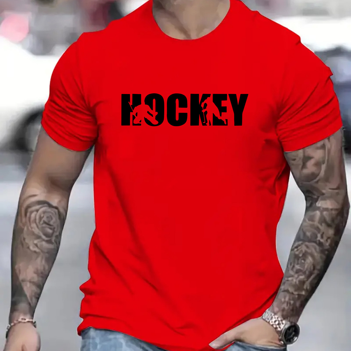 

Men's Casual Hockey Letter Print T-shirt, Breathable Fabric, Fashion Outdoor Loose Tee For Summer