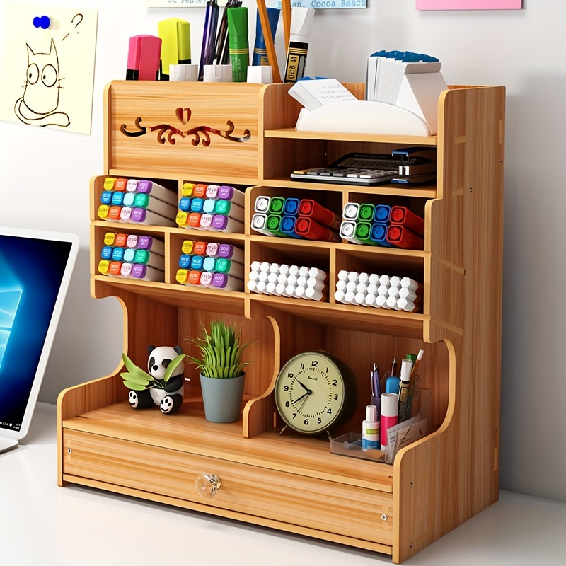 TEMU Creative Wooden Desk Organizer: Large Capacity Storage Box, Drawer Style, Easy To Install, Suitable For Storing Stationery, Markers, And Office Items