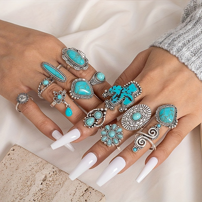 

14 Piece Rings Vintage Bohemian Turquoise Cactus Set Rings And 6 Pairs Of Minimalist Turquoise Star Moon Leaf Geometric Earrings For Women