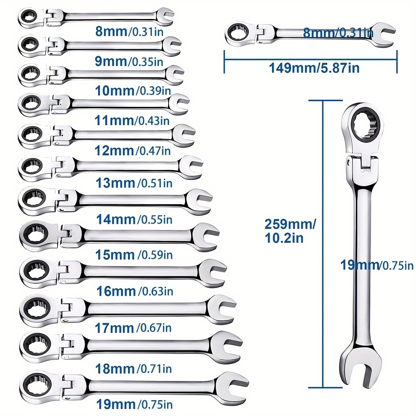 TEMU Industrial-grade Carbon Steel Ratchet Wrench Set With Flexible 180° Pivot Head - Precision, Durable, Versatile Automotive & Motorcycle Hand Tool Kit, 8mm To 19mm Sizes, Chrome Steel Forged