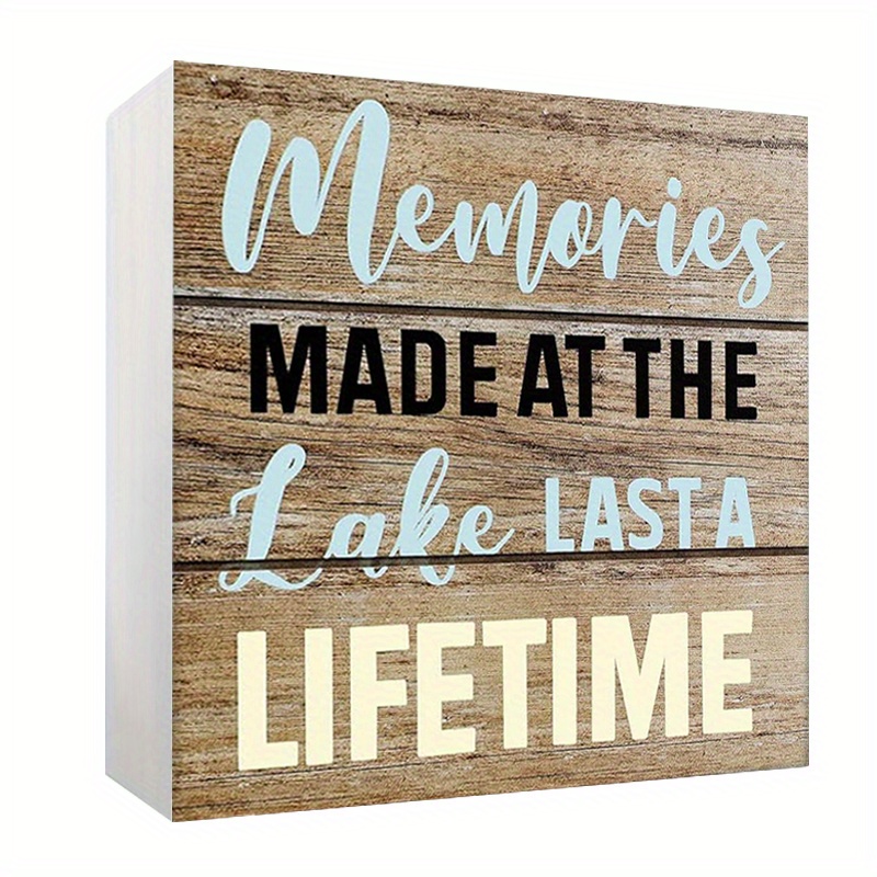 Charming Wood Grain Square Desk Ornament - 'memories Made At The Lake 